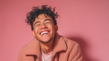 Smiling young hispanic male in pink coat against pink background.の素材