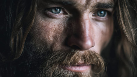 Intense gaze of bearded mature caucasian male with long hair.の素材
