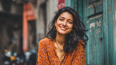 Smiling young hispanic woman in colorful top outdoors by rustic door.の素材