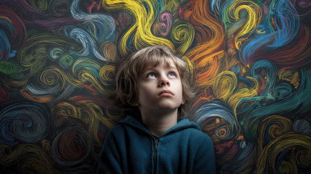 Young caucasian boy contemplating colorful swirling patterns in dreamlike scene.の素材