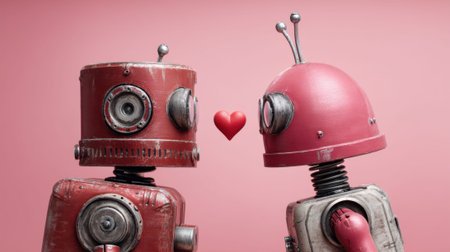 Vintage robot couple staring at floating heart on pink background.の素材