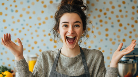 Happy caucasian young female chef smiling in kitchen with polka dot background.の素材