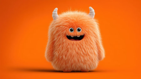 Furry orange monster with horns on bright orange background.の素材