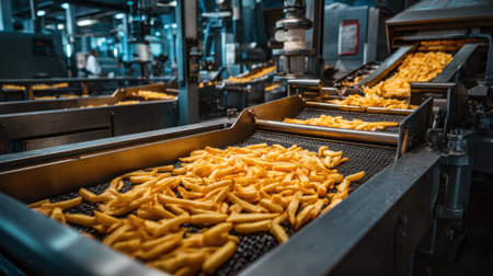 Automated French fry production in modern factory with high-tech machinery.の素材
