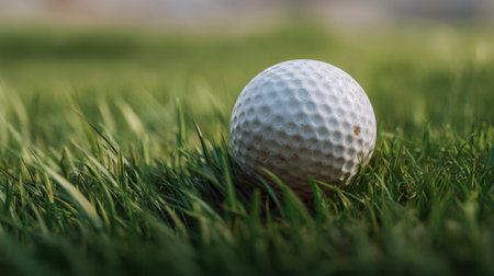 Golf ball resting on lush green grass close-up.の素材