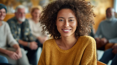 Smiling african female young adult in group setting.の素材