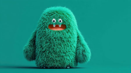 Furry green cartoon monster with fangs on teal background.の素材