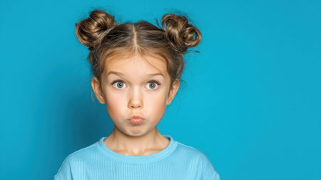 Caucasian girl with playful expression against blue background.の素材