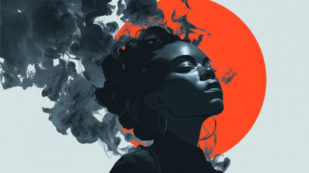 Abstract portrait of African female with red circle and smoke elements.の素材