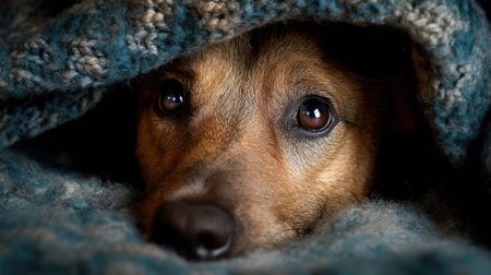 Cozy dog snuggled under warm blanket with expressive eyes.の素材