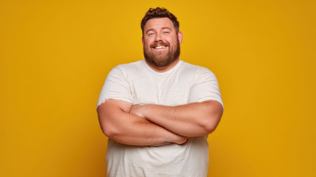 Smiling caucasian male adult in white shirt against yellow background.の素材