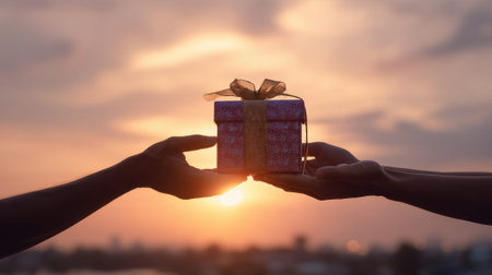 Gift exchange at sunset with silhouetted hands against a vibrant sky.の素材