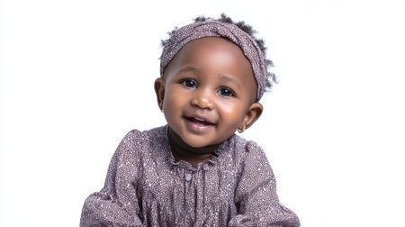 Smiling african female baby in purple dress on white background.の素材