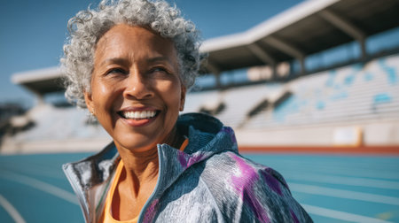 Elderly african female runner smiling at outdoor track stadium.の素材