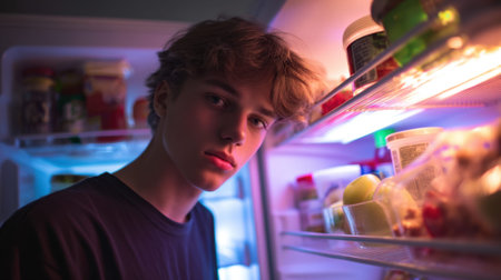 Teen caucasian male looking into colorful refrigerator at night.の素材
