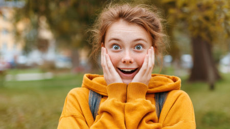 Surprised caucasian young female in yellow hoodie outdoors.の素材
