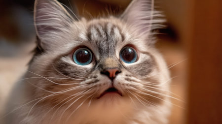 Fluffy cat with bright blue eyes and striped fur staring in awe.の素材