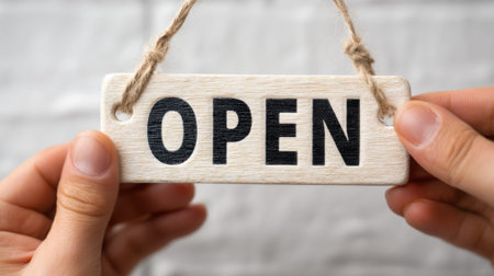 Hands holding open sign with twine rope on white background.の素材