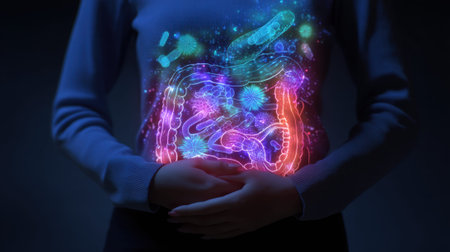 Female holding illuminated digestive system hologram displaying bacteria and microorganisms.の素材