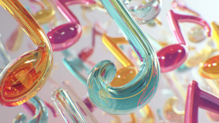 Vibrant multicolored glass music notes in abstract composition.の素材