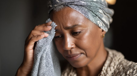 Mature african female using wet cloth on forehead with thoughtful expression.の素材