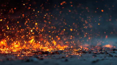 Glowing embers and sparks on dark background creating a fiery atmosphere.の素材