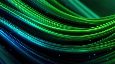Abstract green and blue light trails with glowing particles.の素材