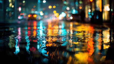 Vibrant city night reflections on wet streets with bokeh lights.の素材