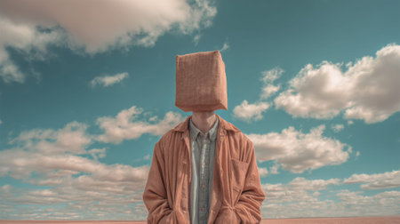 Anonymous adult with bag over head in surreal desert scene.の素材