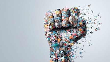 Digital collage of icons forming raised fist symbolizing unity and technology.の素材