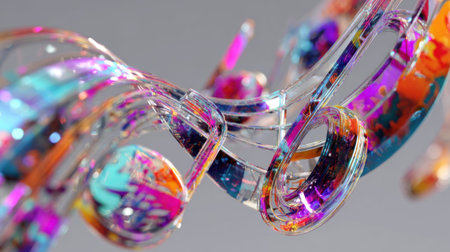 Vibrant abstract swirl of transparent and colorful glass shapes.の素材