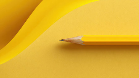 Yellow pencil on yellow background with curved paper element.の素材