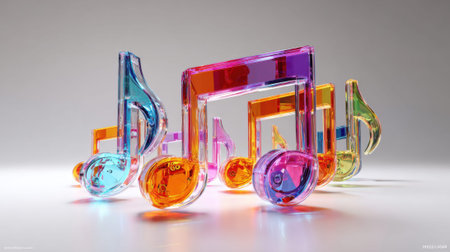 Colorful transparent musical notes on white background.の素材