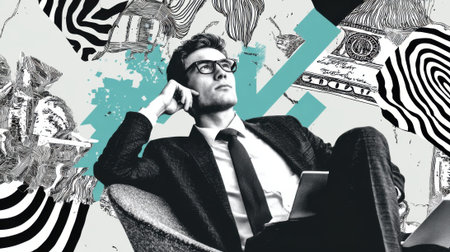 Caucasian young adult male businessman in abstract office setting contemplating innovation.の素材