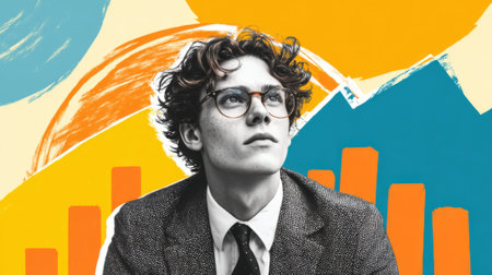 Young caucasian male in suit with glasses against colorful abstract background.の素材