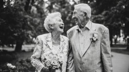 Elderly caucasian couple laughing together in outdoor setting.の素材