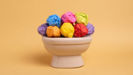Colorful crumpled paper balls in ceramic bowl on beige background.の素材