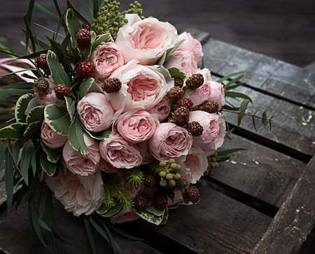 Wedding bouquet for the bride of shrub and peony pale pink roses.の写真素材