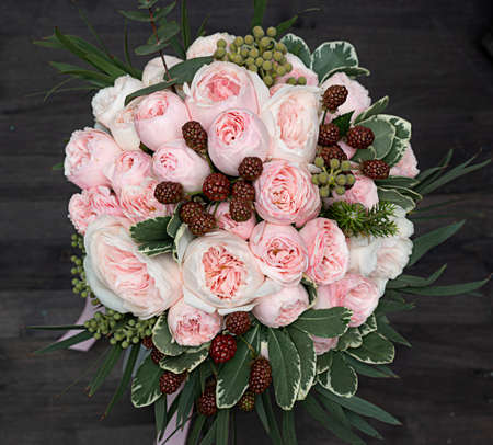 Wedding bouquet for the bride of shrub and peony pale pink roses.の写真素材