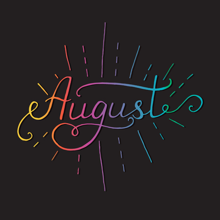 Bright hand drawn typography lettering phrase August on black background.Fun calligraphy for typography greeting and invitation card or t-shirt print design.のイラスト素材