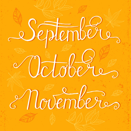 3 autumn month of year - September, October, November, lettering. Autumn season lettering hand drawのイラスト素材