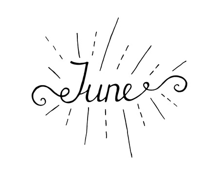 June lettering print. Summer minimalistic illustration. Isolated calligraphy on white background. Yellow rays behind text.のイラスト素材