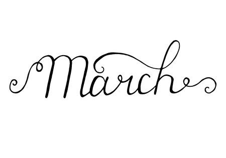 March inscription. Greeting card with calligraphy. Hand drawn lettering design. Photo overlay. Typography for banner, poster or apparel design.のイラスト素材