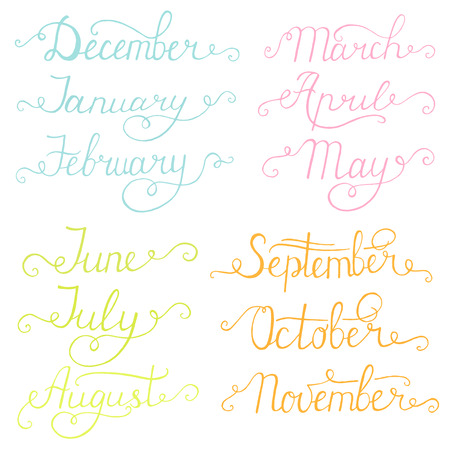 Handwritten months of the year: December, January, February, March, April, May, June, July, August, September, October, November. Calligraphy words for calendars and organizers.のイラスト素材