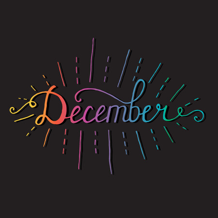 December. Typographic Design. Black Hand Lettering Text Isolated on White Background. For Housewarming Posters, Greeting Cards, Home Decorations, Business Presentation. Vector illustrationのイラスト素材