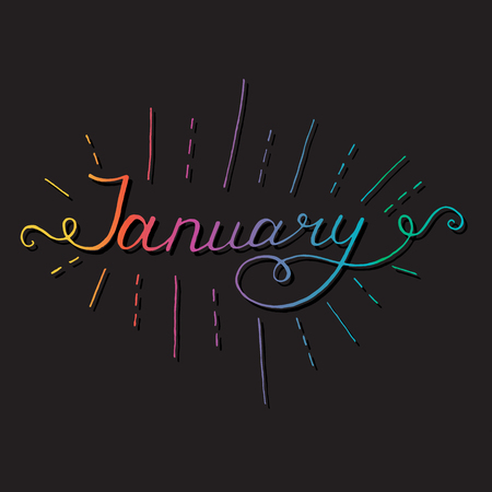 January. Typographic Design. Black Hand Lettering Text Isolated on White Background. For Housewarming Posters, Greeting Cards, Home Decorations, Business Presentation. Vector illustrationのイラスト素材