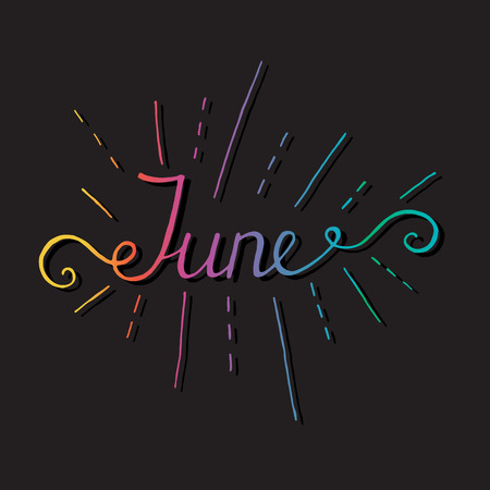 June lettering print. Summer minimalistic illustration. Isolated calligraphy on white background. Yellow rays behind text.のイラスト素材