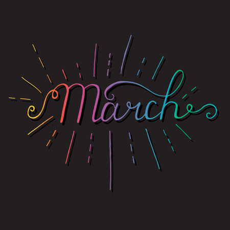 March inscription. Greeting card with calligraphy. Hand drawn lettering design. Photo overlay. Typography for banner, poster or apparel design. Isolated vector element. Black and white.のイラスト素材