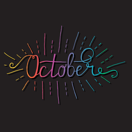 October. Typographic Design. Black Hand Lettering Text Isolated on White Background. For Housewarming Posters, Greeting Cards, Home Decorations, Business Presentation. Vector illustrationのイラスト素材