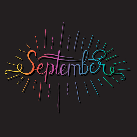 Hand drawn ink lettering Hello September isolated black on white background. Vector calligraphy for advertising.のイラスト素材